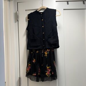 Elegant Black Floral Anthropologie Dress with Knit Vest